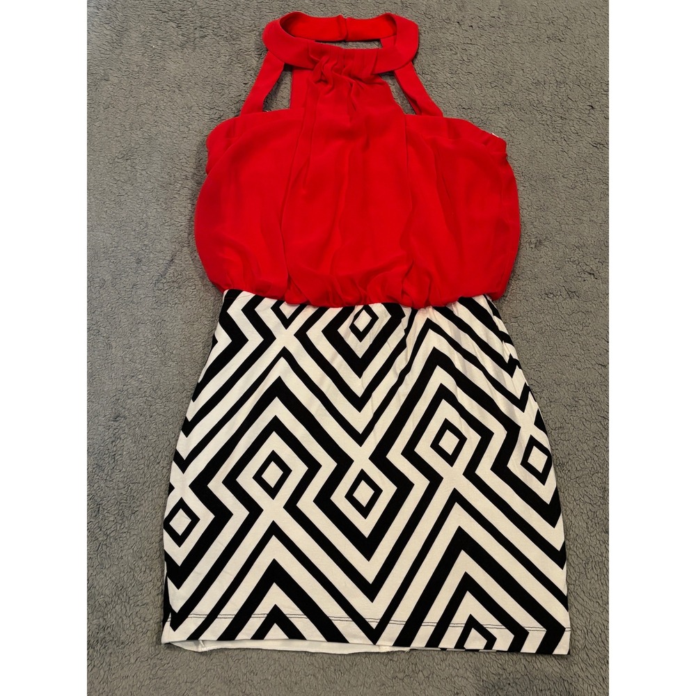 Bisou Bisou Michele Bohbot Red Black White Geometric Mini Dress Size 4 Halter